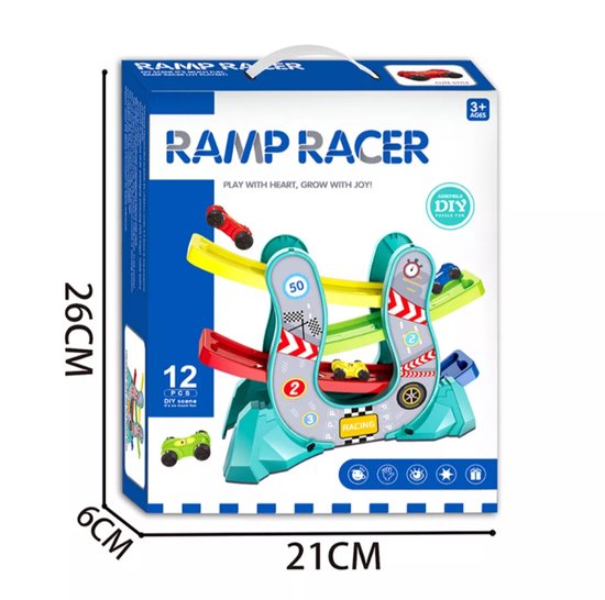 KidKraft 63267 Mega Ramp houten racebaan set met helikopter, 5 auto's