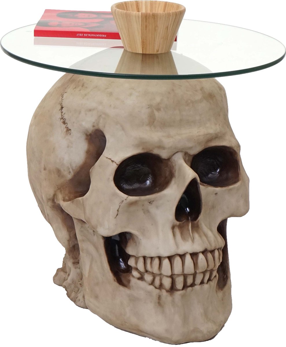 Cosmo Casa Bijzettafel Doodshoofd - Glazen Tafel Woonkamertafel Salontafel Schedel - Polyresin rond Ø55cm natuur