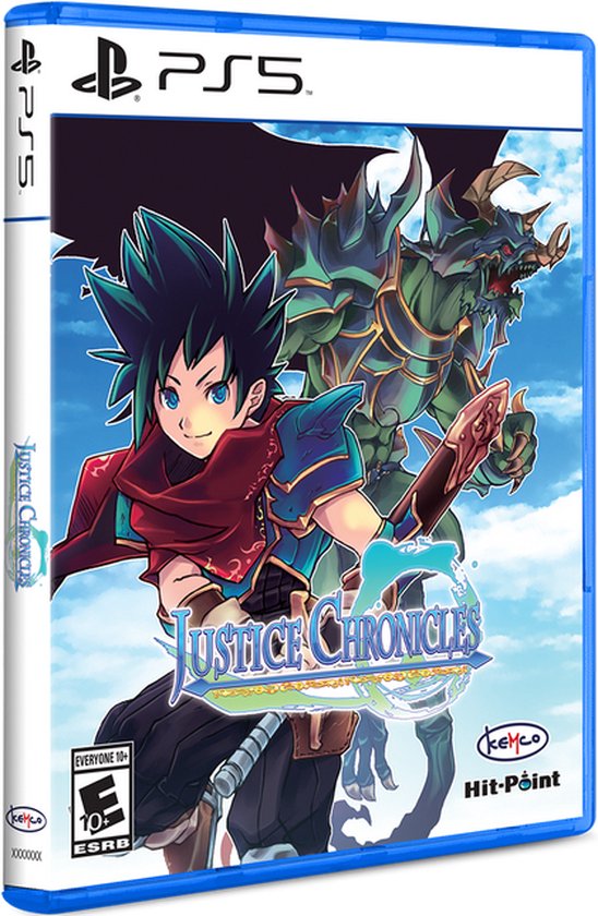 PlayStation 5-hoesje voor Justice Chronicles met anime-personage en draak. ESRB-rating: Everyone 10+.
