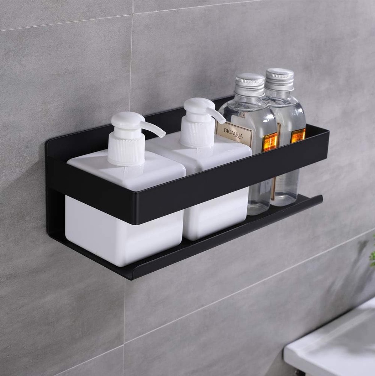 hansgrohe WallStoris - Badkamer Plank, Doucheplank, Badkamer Accessoires zonder boren, Badkamer Organizer, Douche Accessoires, mat zwart, 27915670
