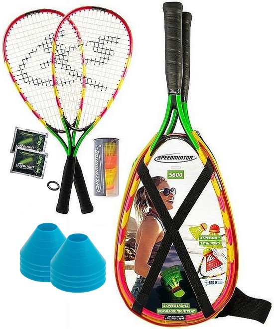 Speedminton S600 set - groen/geel/rood - crossminton - speedbadminton - speed badminton set - incl veldmarkeringshoedjes