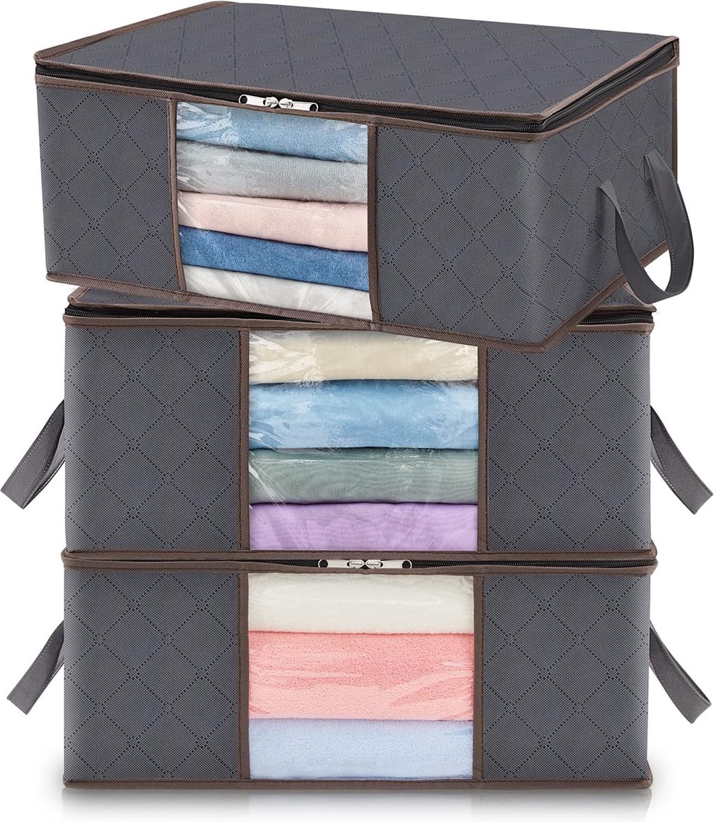 Kleding Opbergtas Opvouwbare Opbergbak Kast Organizer met Versterkte Handvat Stevige Stof Doorzichtig Venster Voor Truien, Jassen, T-shirts, Dekens, 3 Stuks, 35L, Grijs
