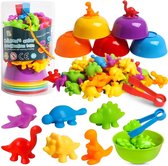 Montessori Tellen Speelgoed, 58x stuks Regenboog Tellen Dinosaurussen met Bijpassende Bowl Dices,Montessori Sorteren Speelgoed Wiskunde Vaardigheden Spelletjes Educatief Speelgoed voor 3 4 5 Jaar