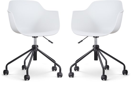 Nolon Nout-Puk Bureaustoelen Set van 2 Wit - met Armleuning - Kunststof Zitting - Verstelbaar - Wieltjes - Zwart Onderstel