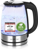 Glazen waterkoker, 1,7 liter, 2200 watt, LED-binnenverlichting, 360° voet, winnaarsprijs/prestatietest voor huis en tuin