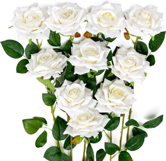 12 stuks kunstbloemen, rozen, fluwelen bloemen, nepbloemen, lange steel, kunstrozen, bloemenboeket voor bruiloftsdecoraties (wit)