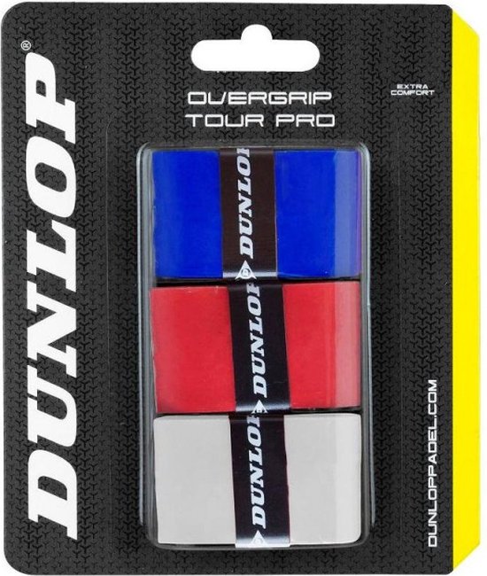 Dunlop Tour Pro overgrips in blauw, rood en wit.