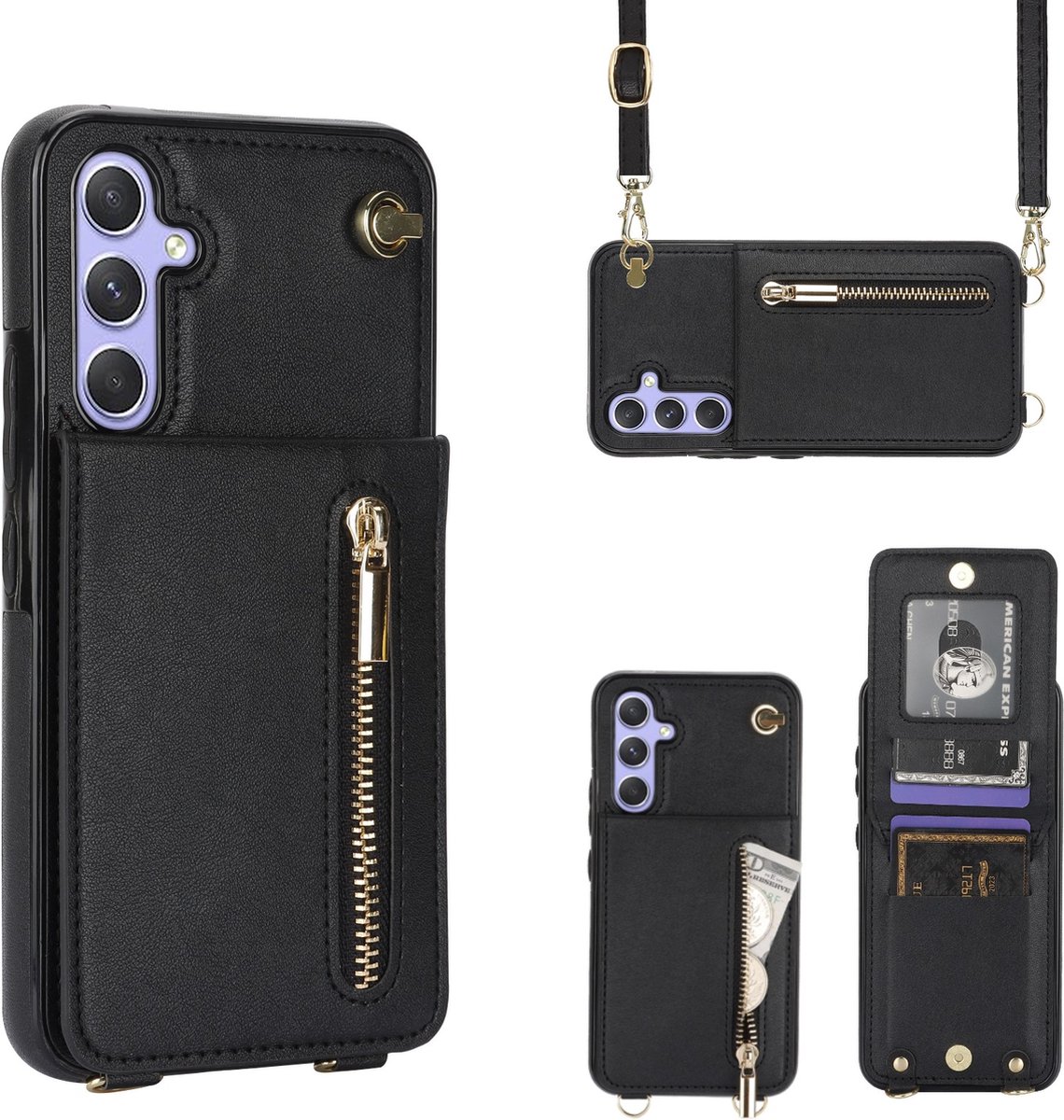 Geschikt Voor Samsung Galaxy A15 Hoesje Met Koord - Solidenz A15 Wallet Case Cover - Telefoonhoes - Backcover Met Koordje - Cord Case - Lanyard - Hoesje A15 - Zwart