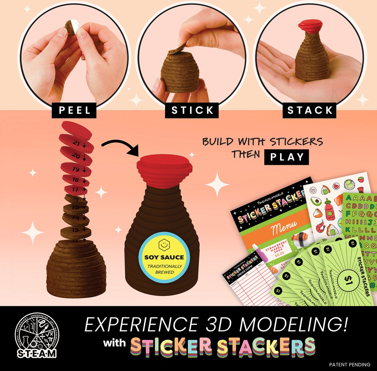 Fashion Angels - Sticker Stackers Set Sushi, Schuimrubberen Stickers voor 3D -creaties, Kinderspeelgoed Etenswaren, Creatieve Activiteit, vanaf 8 jaar, F13194