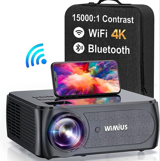 Wimius K8 Projector - Mini Beamer - Projector Scherm - Mini projector - 4K Kwaliteit - 15.000 Lumen - WiFi & Bluetooth - Draagbaar - Zwart