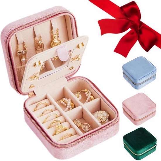 Sieradendoos, kleine sieradenkistje, organizer voor dames, draagbare reissieradenbox, sieradenopslag voor oorbellen, ringen, halskettingen - Valentijnsdagcadeaus voor meisjes (roze)