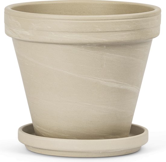 Plantenpot kopen? Check hier welke je plant exact nodig heeft 12 Terracotta Bloempot met Schotel - Graniet Creme - Ø 21 cm - Hoogte: 18 cm