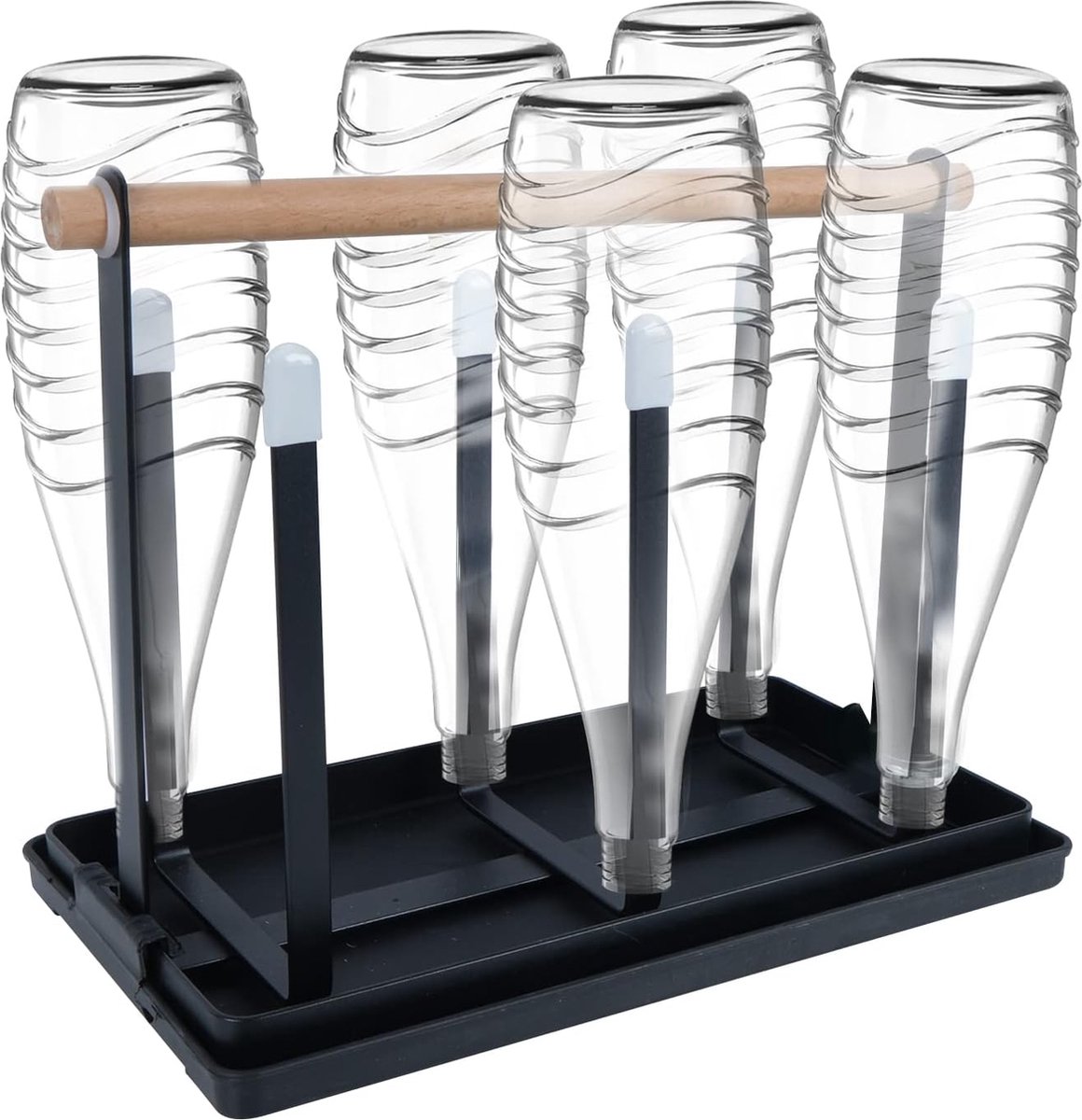 Flessenhouder, zwart, keukenflessenstandaard, 6 flessen, afdruiprek, flessen, SodaStream, flessenstandaard voor het afdruipen, flessendroger voor glazen en koffiekopjes