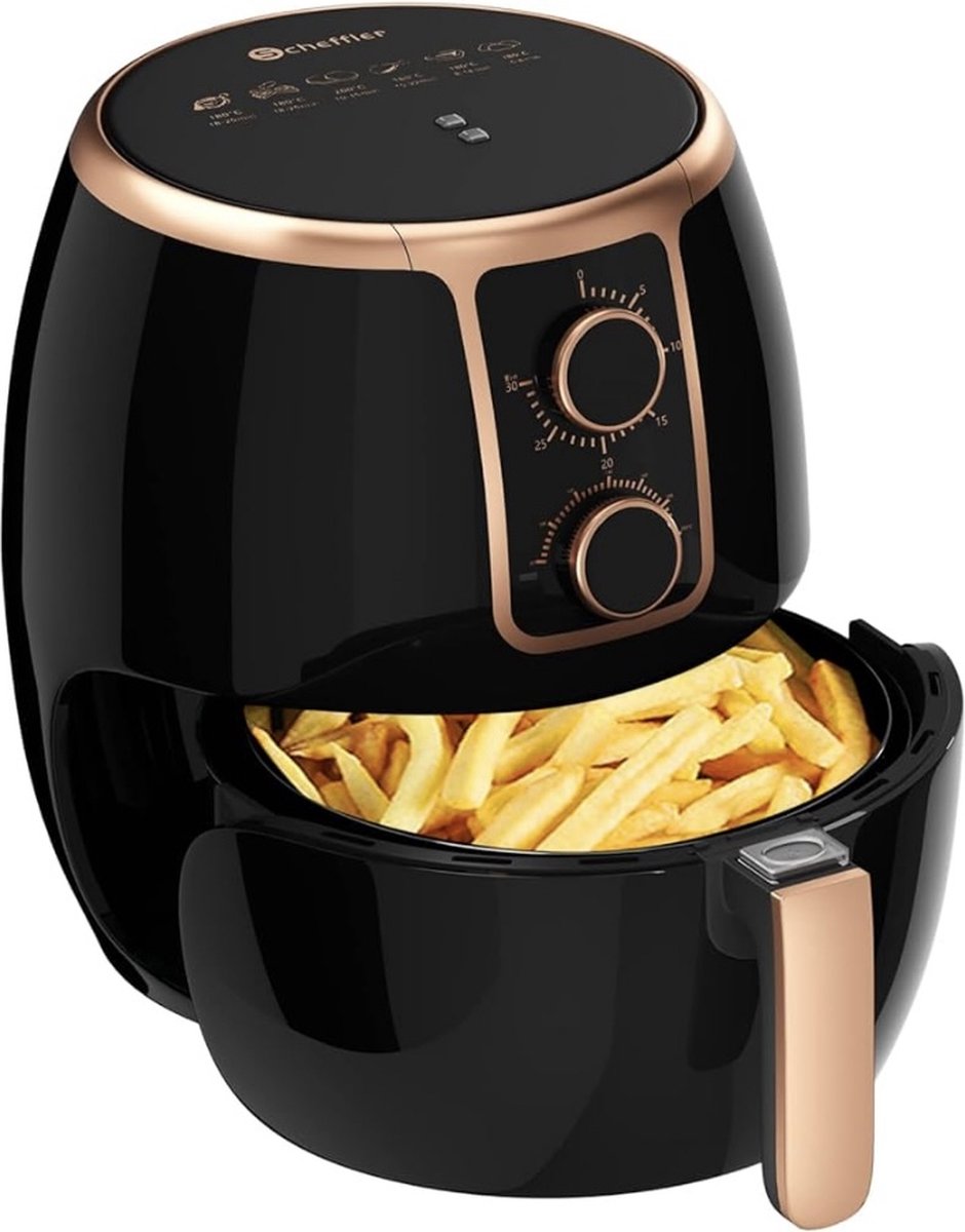 Luxe airfryer - Hetelucht friteuse - 3.7L - 1300-1500W - Thermostaat en timer - 6 automatische programma's - Zwart met goud