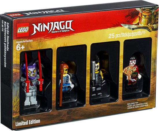 LEGO Ninjago limited edition set met 4 minifiguren: paarse masker figuur met zwaarden, blauw-wit geklede figuur met stok, zwart-geel figuur met knuppel, rood-zwarte figuur met waaier.