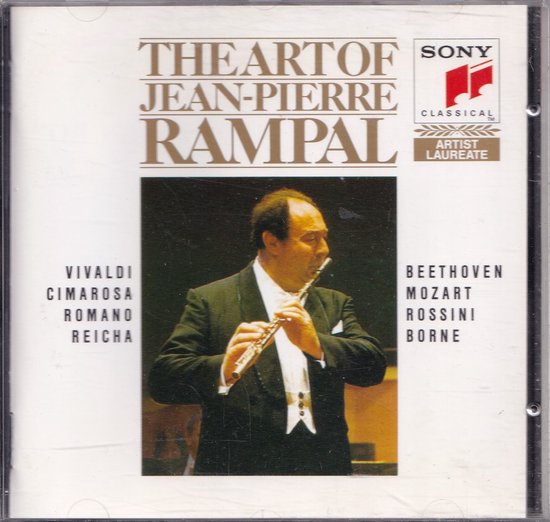 CD hoes met Jean-Pierre Rampal die fluit speelt. Tekst: The Art of Jean-Pierre Rampal, Sony Classical.