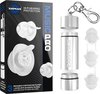 Doos met EarPeace Music Pro oordopjes en een zilverkleurig bewaarblikje met karabijnhaak, met afbeeldingen van de oordopjes en filters.