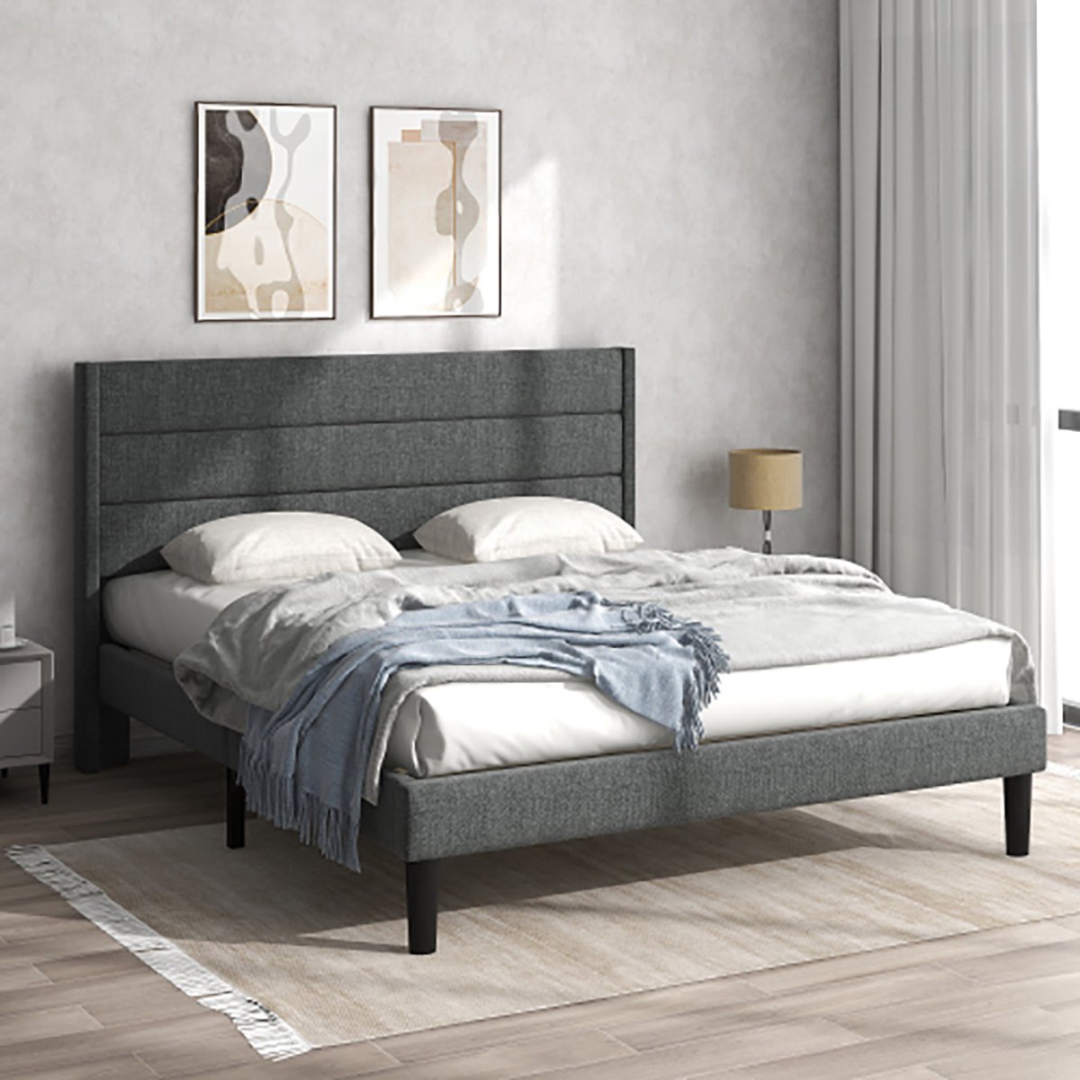 Sweiko gestoffeerd bed 140 x 200 cm, bedframe met lattenbodem & hoofdeinde, gestoffeerd tweepersoonsbed, bekleding linnen in donkergrijs, tijdloos modern design, jeugdbed
