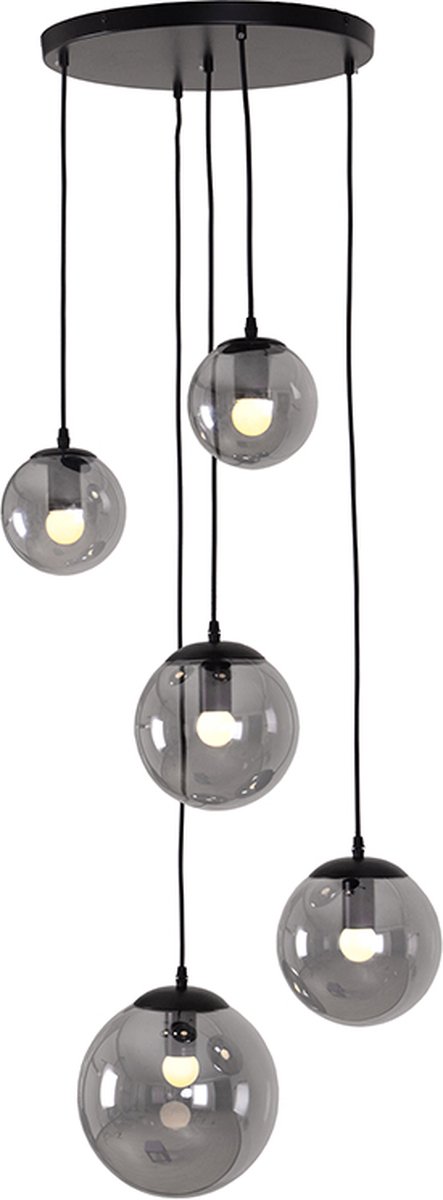 Olucia - DOLF - Hanglamp - Zwart / Grijs - 5L - Vorm: Rond