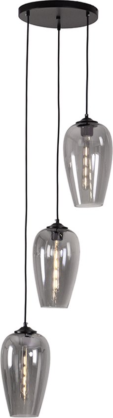 Olucia Andy - Design Hanglamp - 3L - Glas/Metaal - Grijs;Zwart - Ovaal - 43 cm