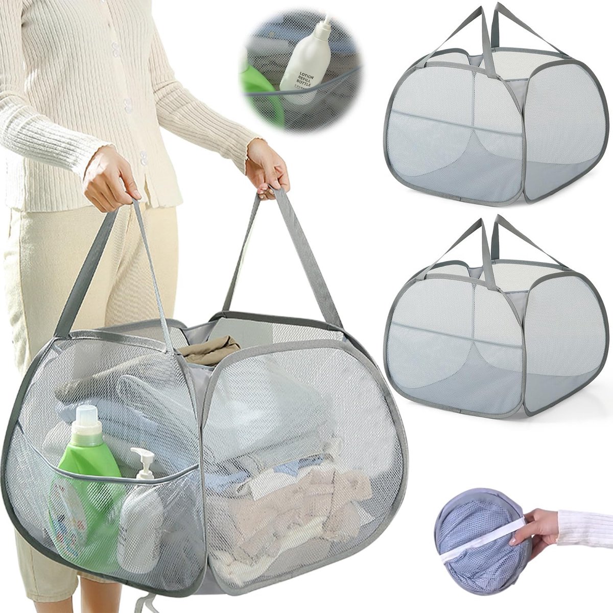 Goedkoopste 3 stuks opvouwbare wasmand, 90 liter, pop-up wasverzamelaar met handen, wasmand met zakken, wasbox, wasmand, grote opvouwbare wasmand, grijs