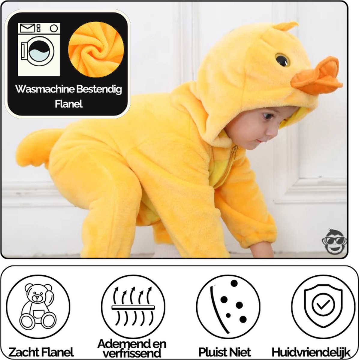 BoefieBoef Dieren Baby Onesie Peuter Pyjama Kinderen 6 maanden tot 2 jaar – Eend – Verkleedkleding met Luierrits – Carnaval Dierenpak - Kerst en Kraamcadeau Tip – Zacht Flanel - Romper - Boxpak - Jongens - Meisjes - Kruippak - Winterpak - Geel - Duck — afbeelding 7