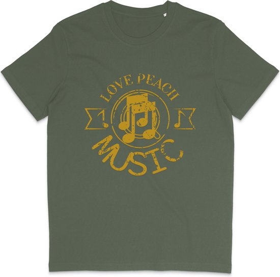 Heren Dames T Shirt - Print en Tekst: Love Peace Music - Khaki Groen - XL