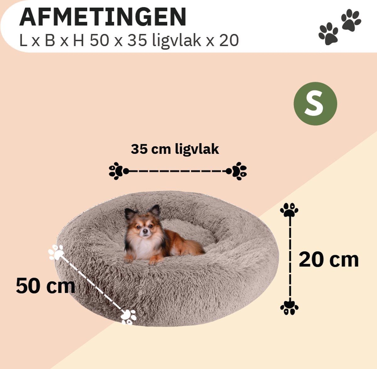 Donut Hondenmand - Kattenmand - Maat S - 50cm (ligvlak van 35cm) - Kaki - Fluffy en Wasbaar thumbnail 6