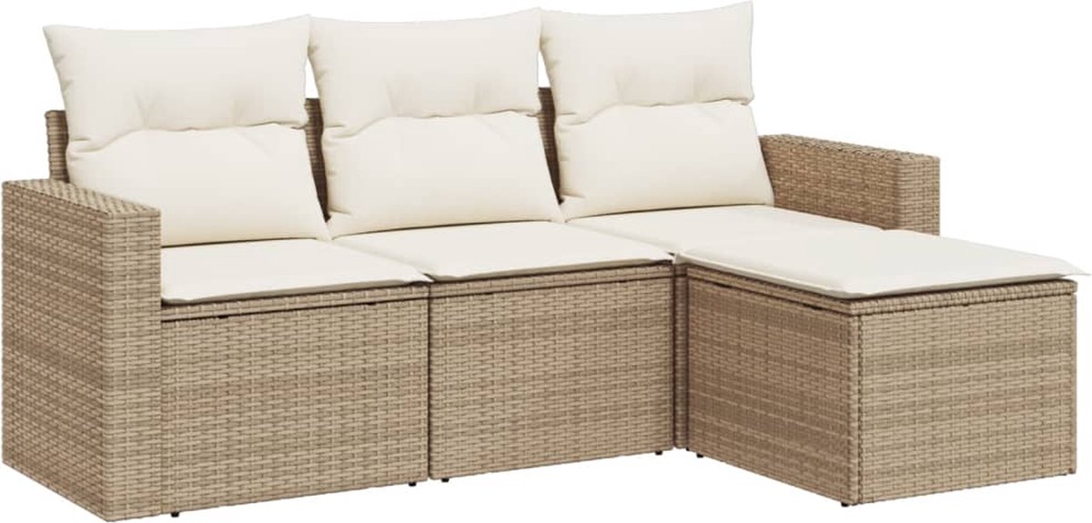 vidaXL 4-delige - Loungeset - met - kussens - poly - rattan - beige