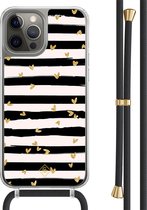 Casimoda® hoesje met zwart koord - Geschikt voor iPhone 12 Pro - Hart Streepjes - Afneembaar koord - TPU/polycarbonaat - Zwart