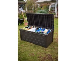 Brightwood Kussenbox, 454 liter volume, waterdicht, taupe, houtlook, zitbank voor 2 volwassenen (max. 300 kg), 145 x 69,7 x 60,3 cm, multifunctionele kist