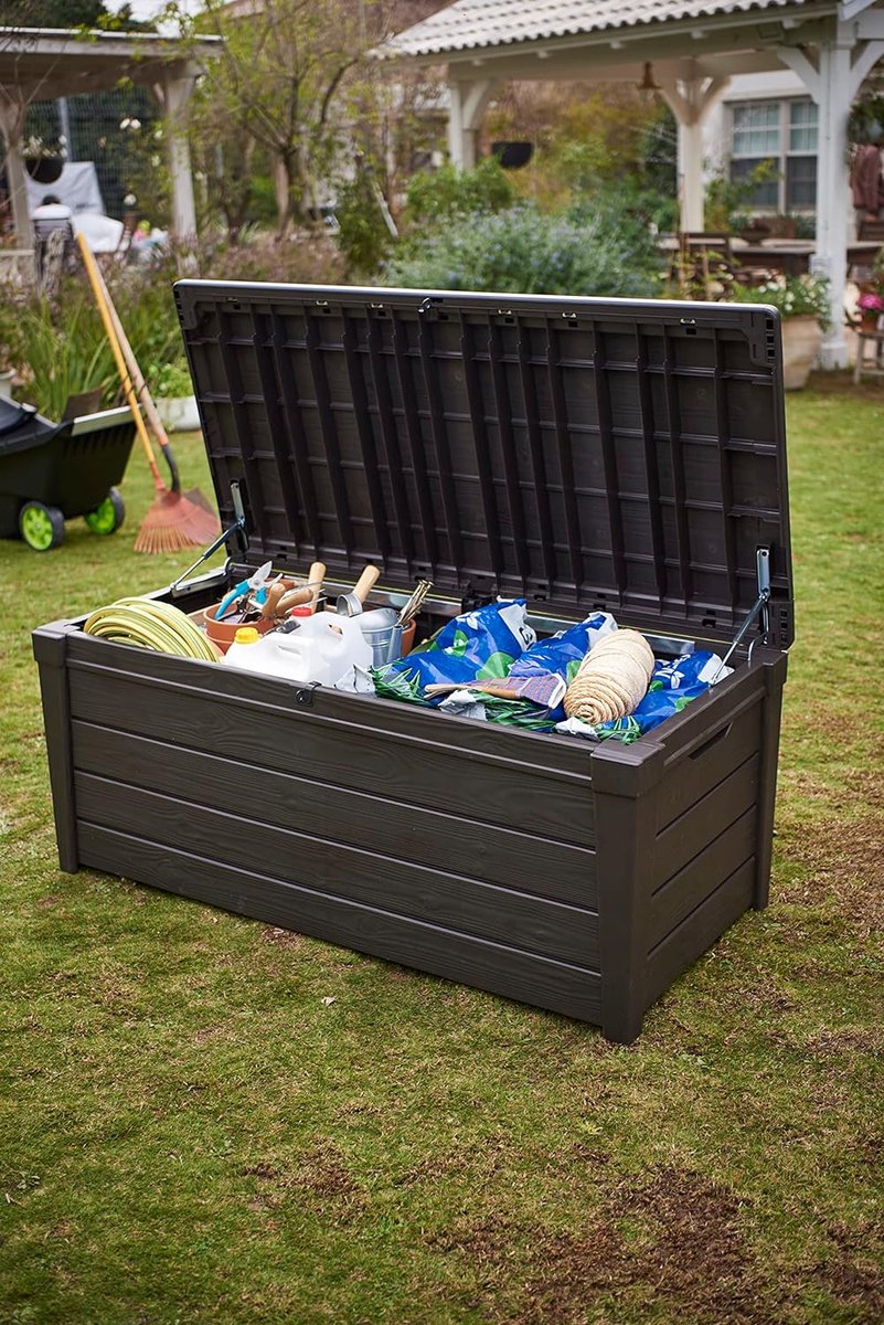 Bol.com Brightwood Kussenbox, 454 liter volume, waterdicht, taupe, houtlook, zitbank voor 2 volwassenen (max. 300 kg), 145 x 69,... aanbieding
