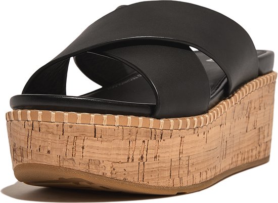 FitFlop Eloise Leather/Cork Wedge Cross Slides ZWART - Maat 36 | bol