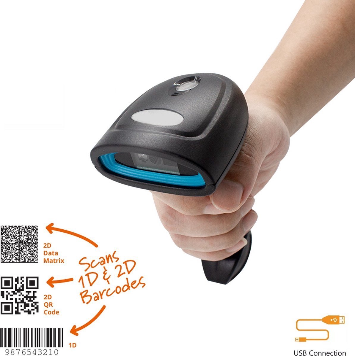 Professionele USB Barcode en QR code Scanner | USB Aansluiting| Universeel | Handscanner | 1D en 2D Lezer| Zwart
