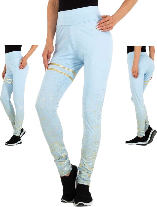 Holala stretchy sport broek lichtblauw goud glitter S/M