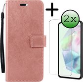 Hoes Geschikt voor Samsung A35 Hoesje Bookcase Hoes Flip Case Book Cover Met 2x Screenprotector - Hoesje Geschikt voor Samsung Galaxy A35 5G Hoes Book Case Hoesje - Rosé goud