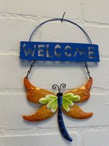 Metalen decoratie tuin hanger "welcome" libelle - oranje + blauw - hoogte 30 x 20 x 1 cm - Woonaccessoires - Decoratieve hangers - Tuinaccessoires
