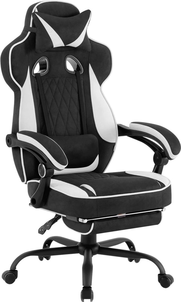 BukkitBow - Ergonomische Gamingstoel / Bureaustoel - Kunstleder of Mesh met Metalen Onderstel - Verstelbaar in Hoogte: 48-55,5CM - Zwart / Wit (Leder)