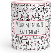 Katten café thee mok met onderzetter | roze oor en rand | 11oz (300-330ml)