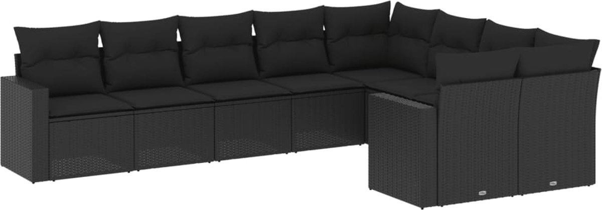 vidaXL 9-delige - Loungeset - met - kussens - poly - rattan - zwart