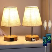 2 x bedlampje, touch-dimbare tafellampen, USB-led-tafellampen, modern, vintage, met houten basis, retro stoffen shirt met E14-gloeilamp, warm wit, voor woonkamer, slaapkamer, tafel, beige [Energieklasse F]
