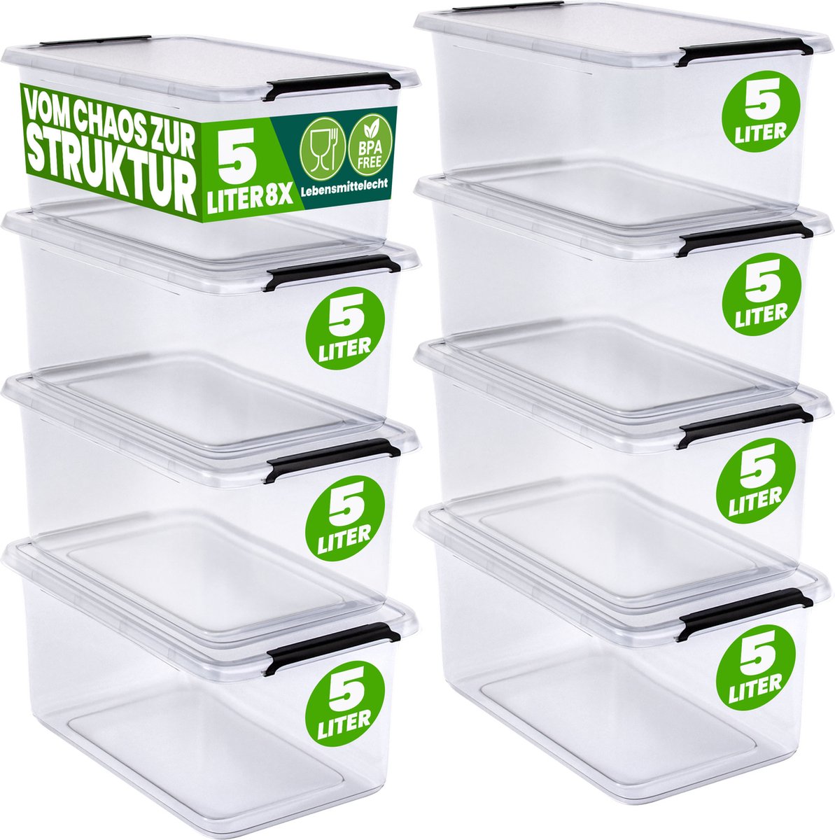 DEUBA Opbergbox Set van 8 - 5l BPA Vrij Stapelbaar - 29,5x20x12cm