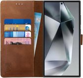 Rosso Deluxe Echt Leer Book Case Hoesje Geschikt voor Samsung Galaxy S24 Ultra | Ruimte voor drie pasjes | Portemonnee Book Case | Met Pasjeshouder | Bruin