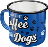 Potenschild Retro Emaille mok, 360 ml, Hot Coffee & Cool Dogs, cadeau-idee voor hondenbezitters, campingbeker, vintage design met spreuk
