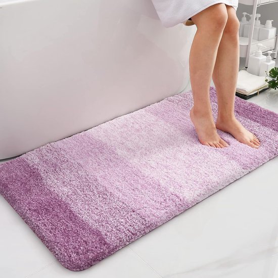 Tapis de bain doux, 60 x 120 cm, antidérapant, lavable, laineux, poils longs, tapis de bain, microfibre, absorbant, tapis de douche (violet)