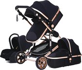 HDJ Kinderwagen 3 in 1 - Baby - Luxe Wandelwagen - Zwart - Goud - Multifunctioneel - Verstelbaar - Draagbaar - Opvouwbaar - Met autostoeltje - Voorwielen 360° - Duurzaam - Baby