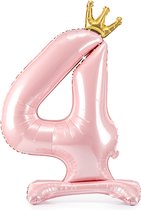 Partydeco - Staande folieballon Cijfer 4 Licht roze met kroon 84 cm