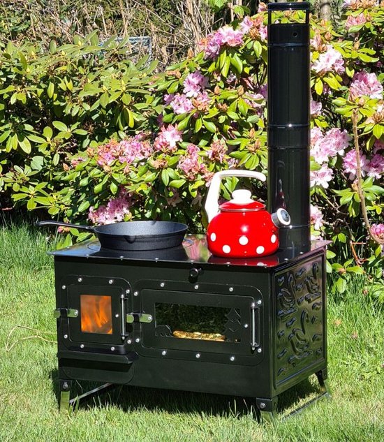 KMP01 Sabah Camping Houtskachel Met Oven- Cook Camping Stove – Zwart- Roestvrij Staal – Outdoor- Draagbaar Kachel – Buitenoven Tentkachel – Pizza Oven Outdoor – Mini houtkachel vrijstaand – Campingkachel – Tentfornuis -Met Schoorsteenpijpen – Compact