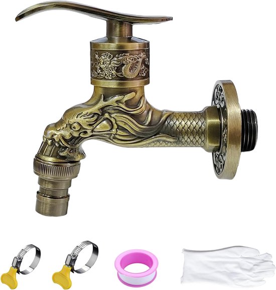 KOPYFANTAP Dubbele afvoerkraan, tuinkraan, antieke draak gesneden koudwaterkraan, vintage lange handgreep, koud water, buitenkraan, muur voor dweil, zwembad, wasmachine, 1/2 inch KOPYFANTAP Dubbele afvoerkraan, tuinkraan, antieke draak gesneden koudwaterkraan, vintage lange handgreep, koud water, buitenkraan, muur voor dweil, zwembad, wasmachine, 1/2 inch