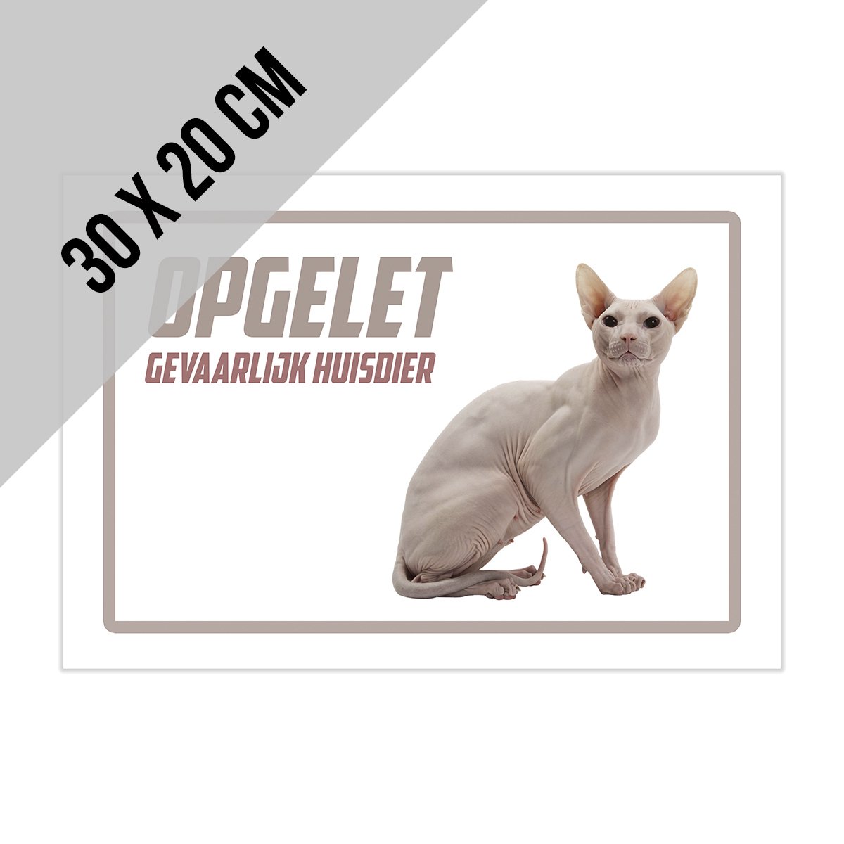 Waakbord/ bord | "Opgelet, gevaarlijk huisdier" | 30 x 20 cm | Naaktkat | Sphynx | Kat | Poes | Huiskat | Dikte: 1 mm | Viervoeter | Betreden op eigen risico | Mijn huisdier | Polystyreen | Rechthoek | Witte achtergrond | 1 stuk